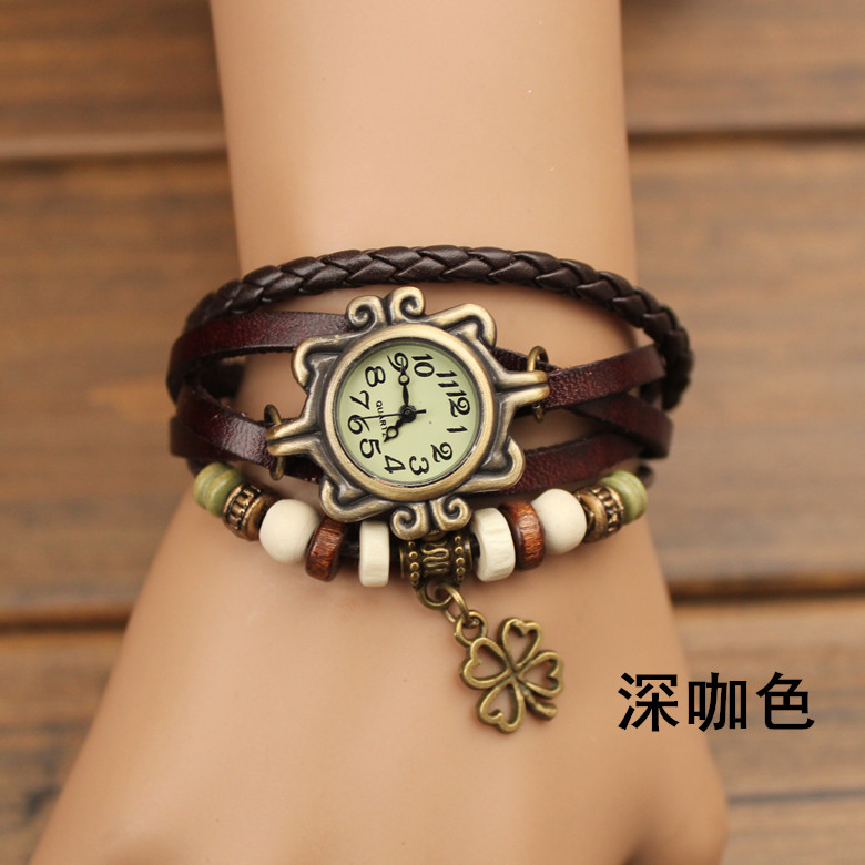 韓版手鏈表女 學生免郵費復古表女表韓國時尚纏繞包郵四葉草手表