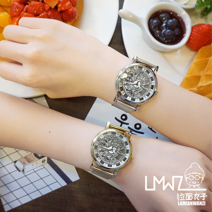 韓國新款大表盤雙面鏤空情侶手表百搭潮流氣質時尚復古學生石英表
