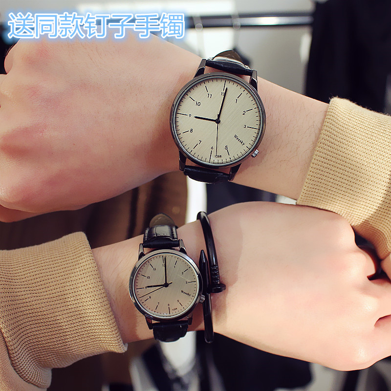 韓版復古真皮帶簡約百搭男女學生情侶手表一對休閑指針式石英腕表