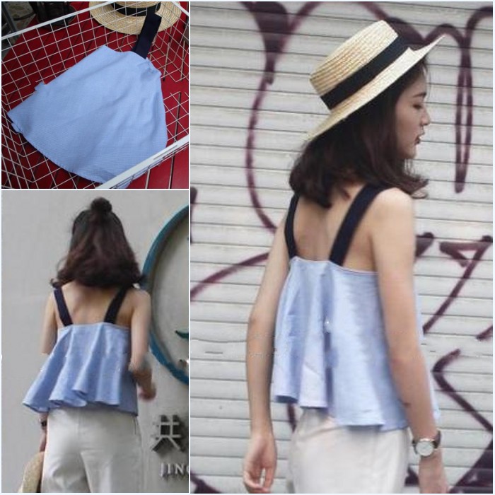 韓版2017夏裝女裝新款休閑雙層藍格子短款大擺v領無袖吊帶小背心