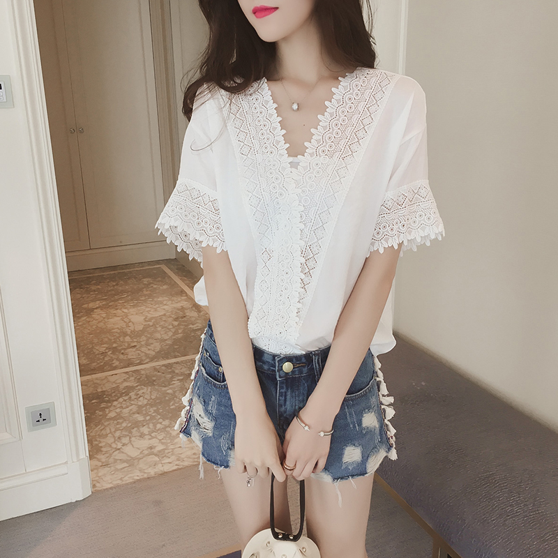 2017夏季韓版新款寬松白色蕾絲雪紡衫女短袖純色鏤空V領雪紡上衣