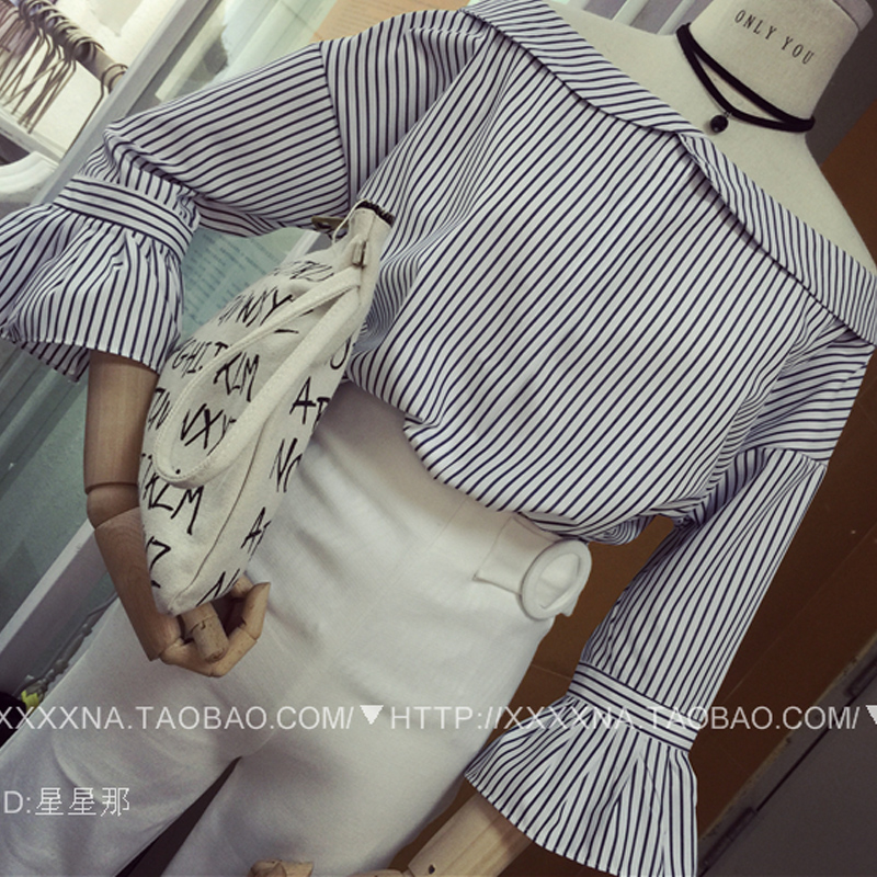 2017初秋新款韓版時尚百搭一字POLO肩氣質喇叭袖條紋襯衫女C111