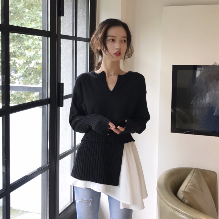 毛衣女2018新款流行韓版女裝時尚復古修身顯瘦不規則針織假兩件潮
