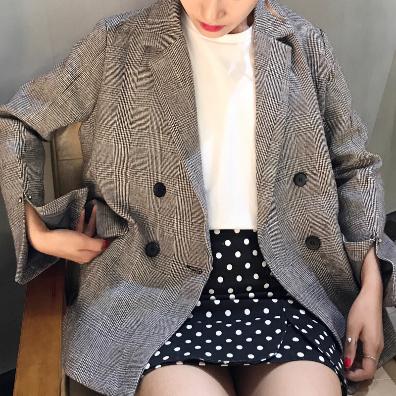 秋裝2018新款韓版百搭港味復古英倫風格紋長袖小西裝學生外套女潮