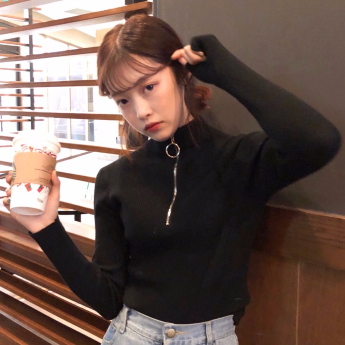 秋季2018韓版新款純色修身顯瘦半高領百搭長袖打底針織衫女上衣潮