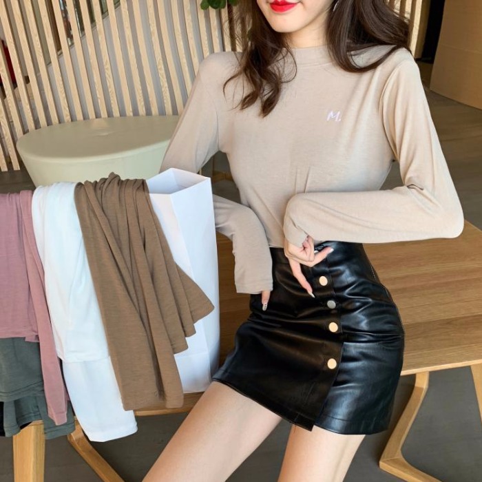 秋季2018新款韓版修身顯瘦刺繡半高領打底衫女生帥氣上衣長袖T恤