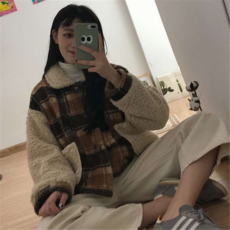 冬裝棉服女2018新款韓版學生百搭加厚格子羊羔毛拼接口袋棉衣外套