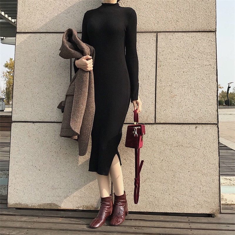 法國小眾連衣裙秋季2018新款韓版中長款修身不規則高腰長袖毛衣女