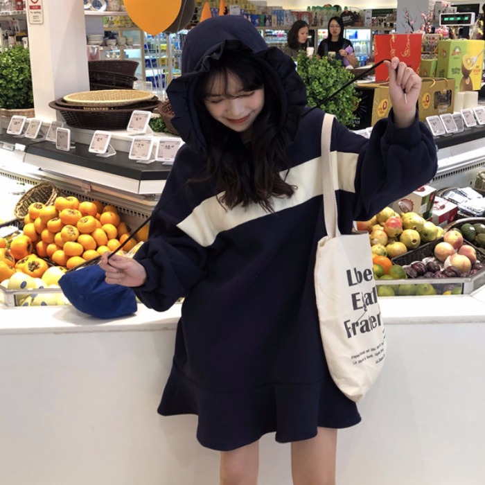 社會女秋冬季衣服韓版學生慵懶風百搭加絨加厚連帽套頭衛衣連衣裙