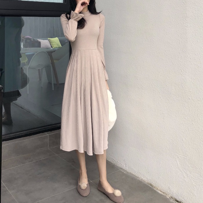 2018秋季新款裙子成熟氣質女生韓版百搭高腰顯瘦中長款長袖連衣裙