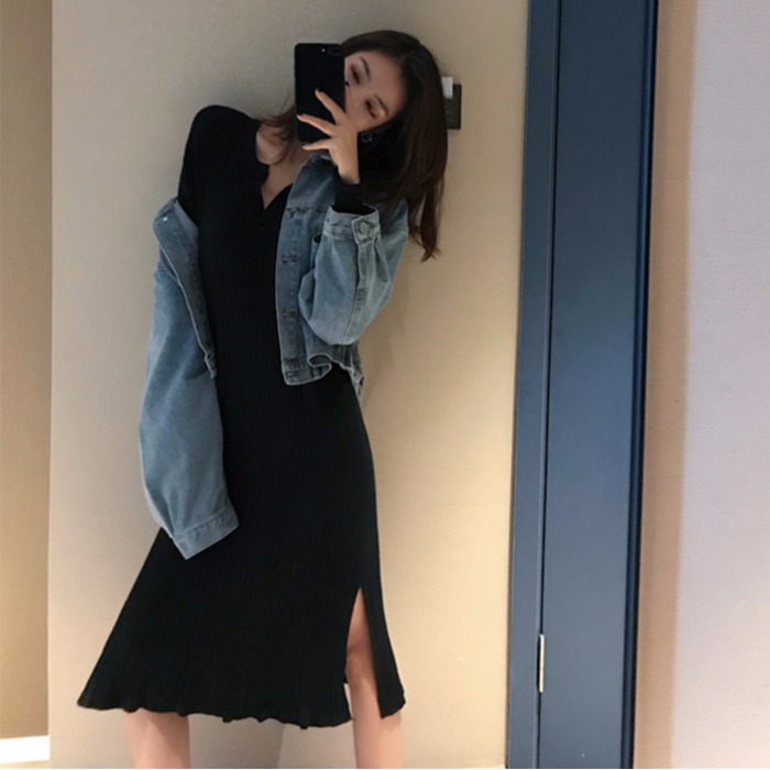 法國小眾連衣裙秋季2018新款韓版修身氣質開叉針織不規則長裙子女