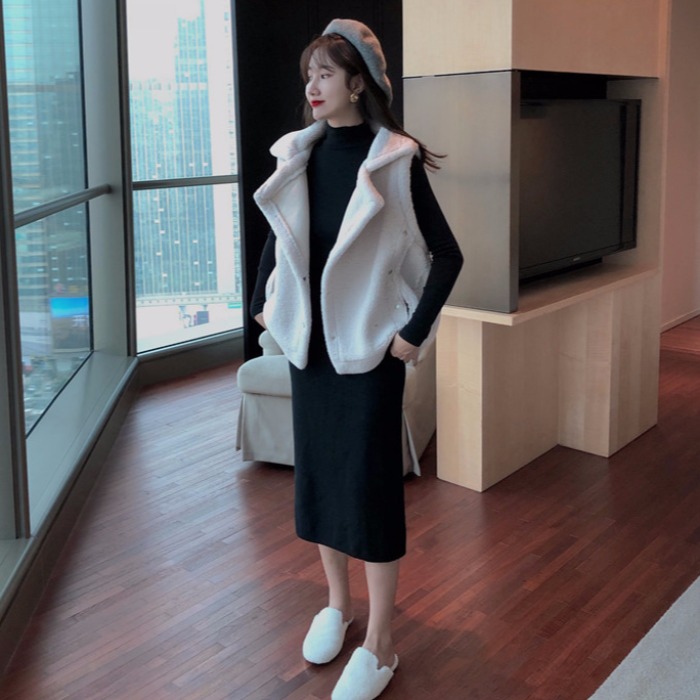 韓版早秋洋氣套裝兩件套裙氣質打底衫半身裙羊羔毛馬甲三件套女潮