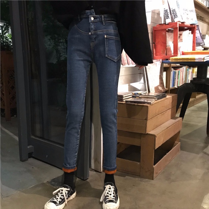 秋冬新款韓版顯瘦高腰網紅牛仔褲女社會不規側加絨加厚小腳鉛筆褲