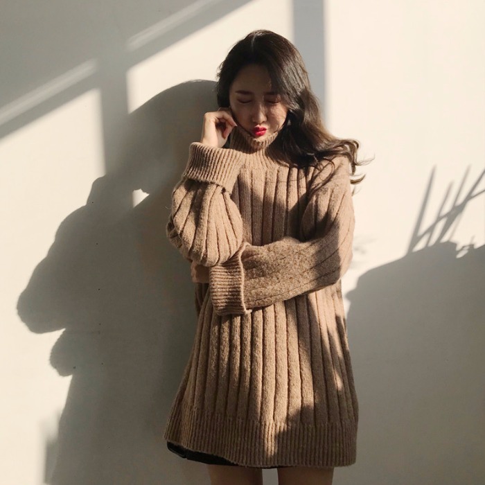 韓國chic 慵懶半高領質感坑條毛衣針織百搭連衣裙