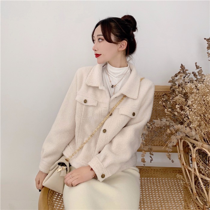 森系外套女秋冬2018新款韓版chic學生甜美百搭純色羊羔毛短款外套