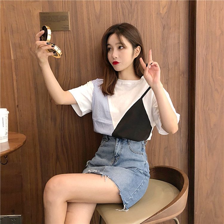 夏裝2018新款韓版假兩件拼接條紋T恤寬松網紅同款衣服短袖上衣女