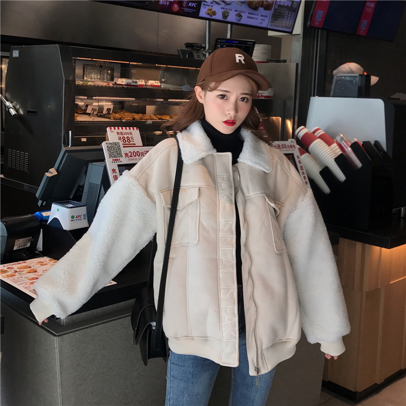 2018秋冬季韓版新款百搭學生chic羊羔毛拼接袖加厚網紅同款外套女