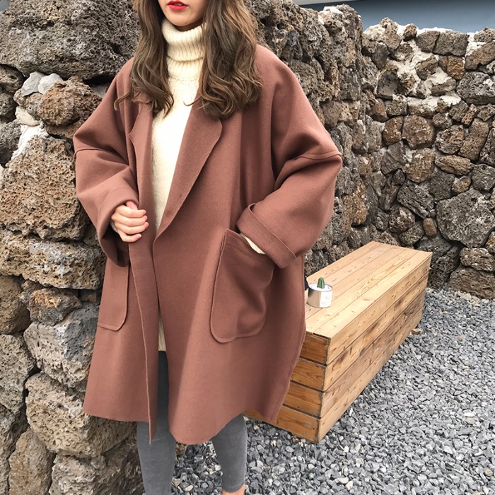 2018流行大衣女秋冬季新款韓版學院風百搭寬松顯瘦大口袋毛呢外套