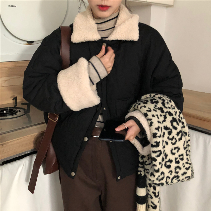 chic棉衣服2018新款韓版學生寬松撞色學院風羊羔毛拼接加厚外套女