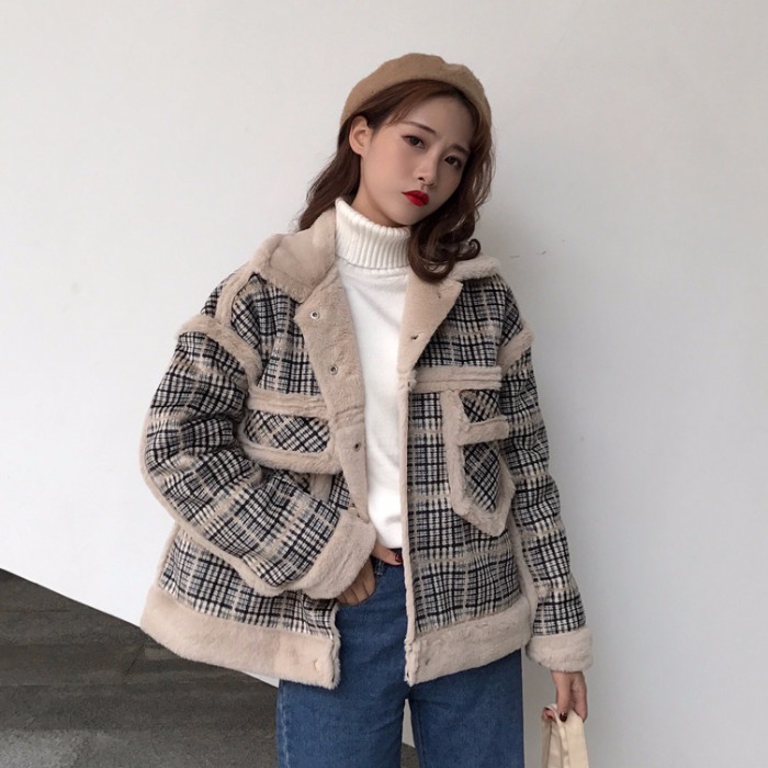 2018秋冬季新款韓版學生寬松顯瘦百搭格子毛呢chic羊羔毛外套女潮