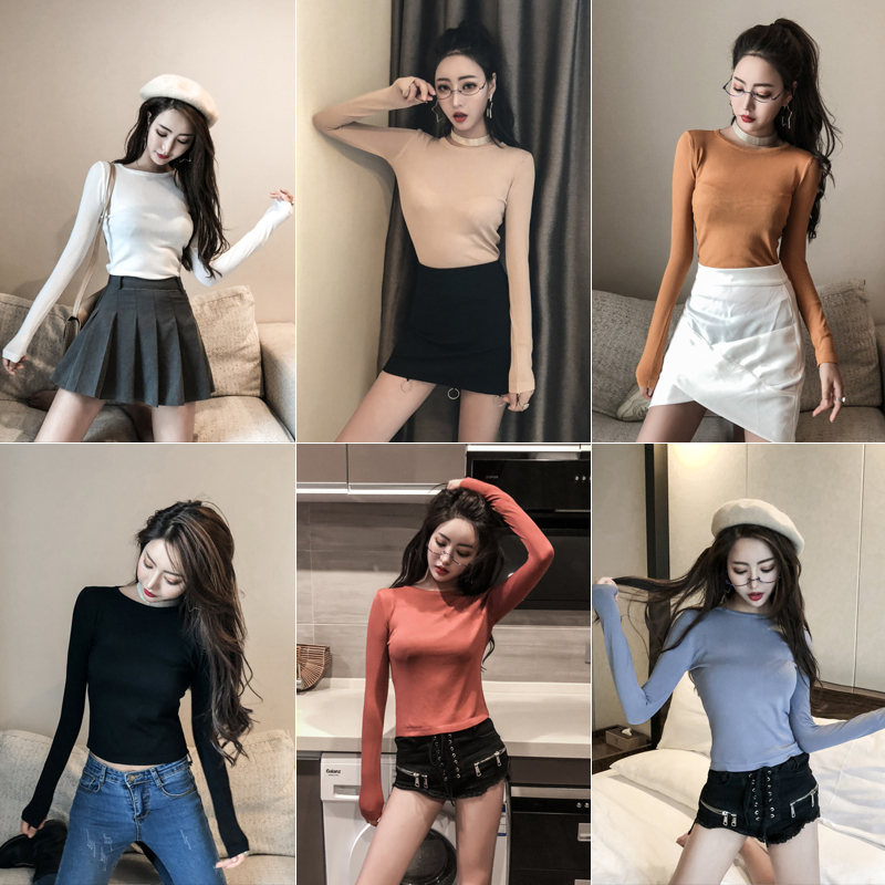 秋裝女2018新款韓版時尚百搭修身簡約長袖T恤針織打底衫港味上衣