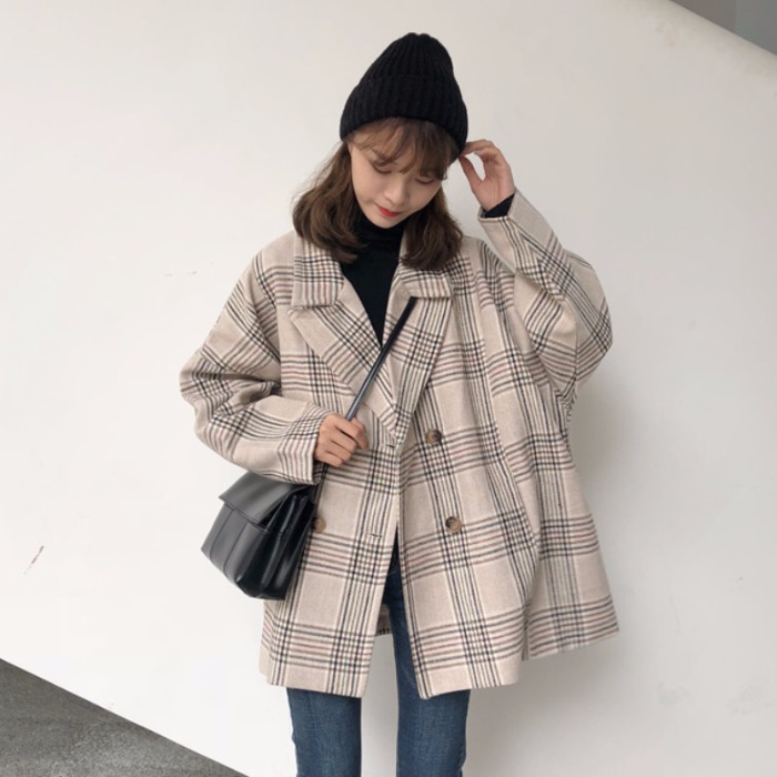 2018新款韓版中長款復古時尚雙排扣大衣百搭格子毛呢長袖外套女冬