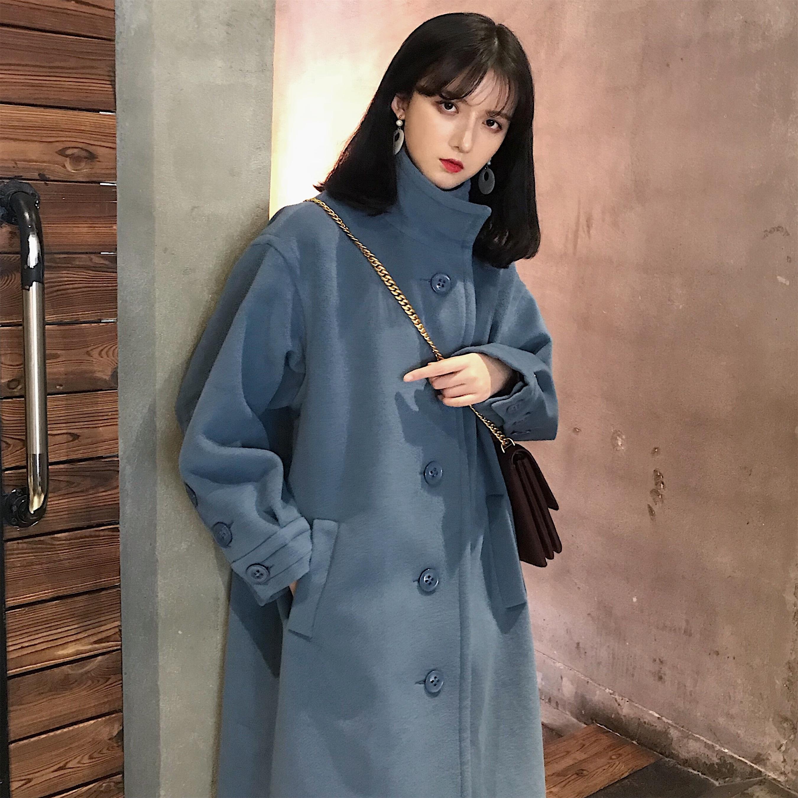 冬季2018新款流行毛衣外套女韓版純色修身中長款加厚赫本呢子大衣