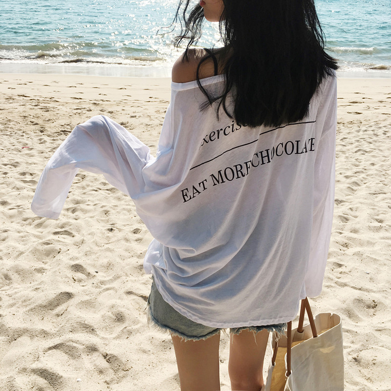 夏裝2018新款韓版后背字母寬松透視性感防曬衫女露肩上衣長袖T恤