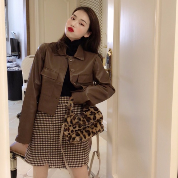 秋季2018新款韓版時尚網紅兩件套裝女神俏皮皮衣外套格子半身短裙