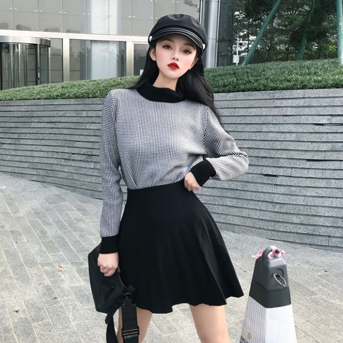 御姐范女裝套裝2018新款韓版拼接高領針織衫長袖上衣高腰半身裙潮