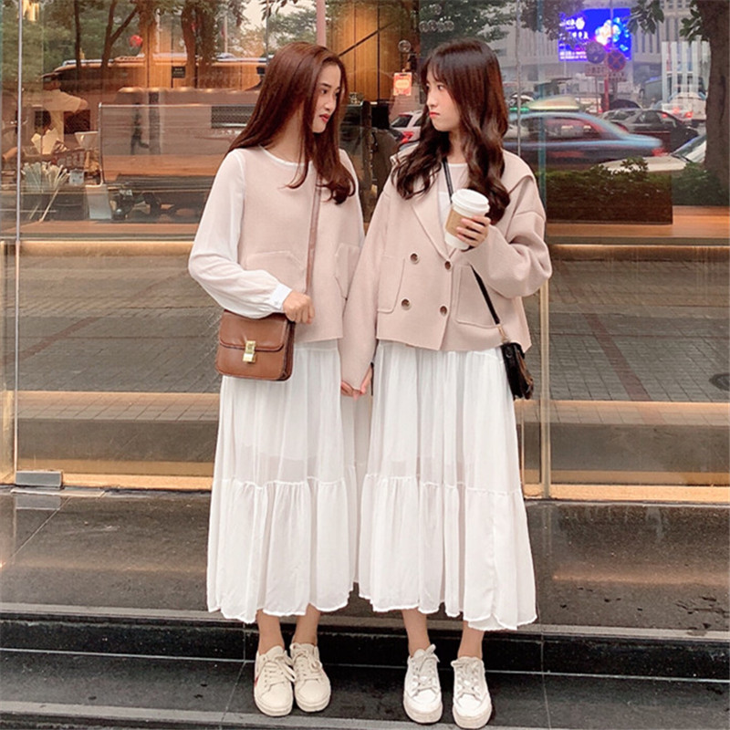 晚晚風套裝森女系2018新款韓版連衣裙口袋馬甲氣質外套三件套女秋