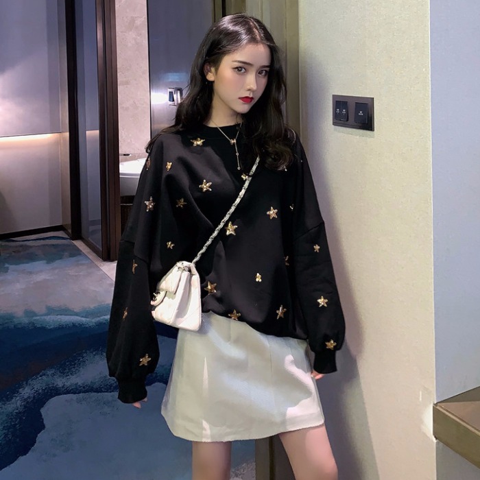 韓版時尚洋氣女神網紅兩件套裝秋冬裝寬松星星刺繡衛衣包臀皮裙潮
