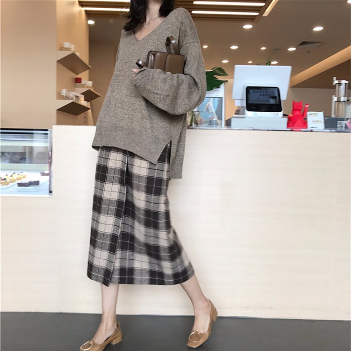 秋裝2018新款韓版寬松針織衫格子裙女神套裝chic早秋兩件套裙氣質