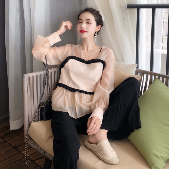 秋裝新款韓版時尚網紅兩件套裝女神俏皮襯衫上衣喇叭針織闊腿褲潮