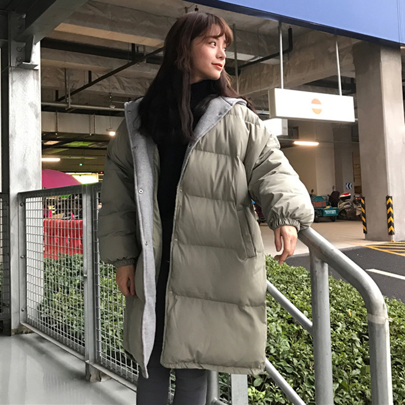 外套冬女裝2018新款加厚保暖棉服韓版寬松中長款排扣純色連帽棉衣