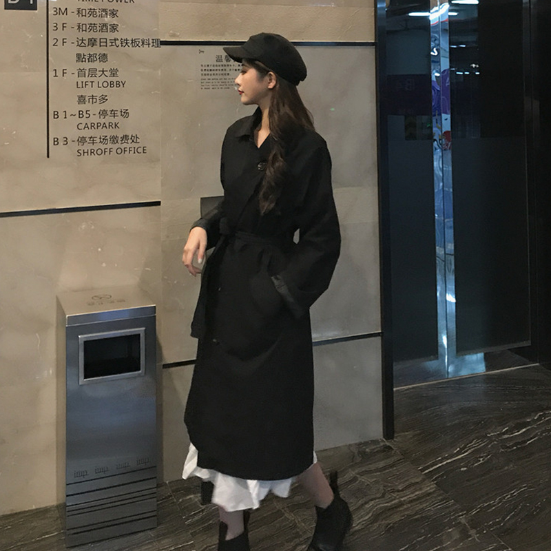 2018新款chic純色系帶時尚寬松顯瘦復古氣質風衣外套女潮流有里布