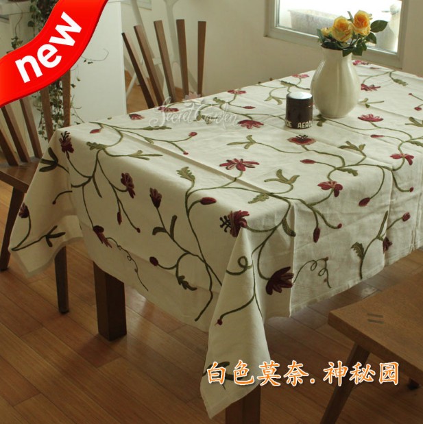[白色莫奈]特價處理多尺寸絨線繡花桌布 茶幾布 圓桌布