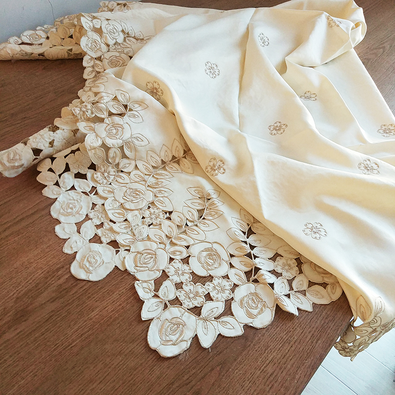 【白色莫奈】美式田園小玫瑰鏤空桌布絲綢觸感茶幾蓋布四周鏤空
