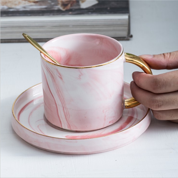 北歐大理石紋咖啡杯碟創意陶瓷金邊情侶對杯下午茶杯碟套裝送勺子