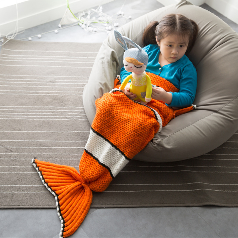 新款兒童尼莫魚尾毯子 針織魚尾巴毯 新款線毯