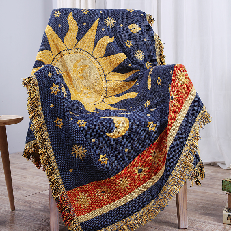 [白色莫奈]歐式風格太陽神圖案蓋巾毯棉毯沙發巾裝飾毯線毯