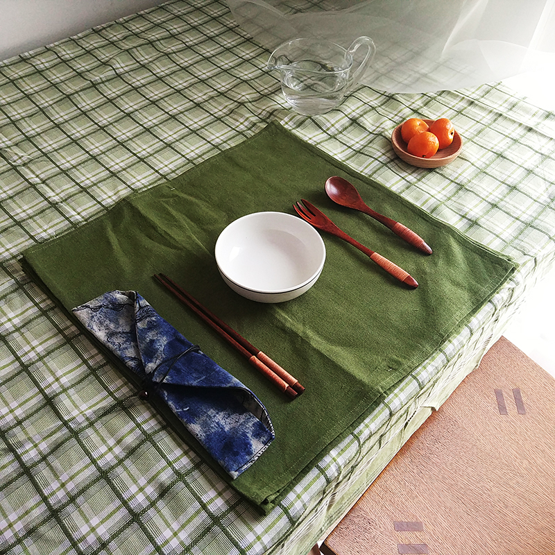 【白色莫奈】ins方格桌布餐墊出口德國綠色包邊方格桌布桌旗