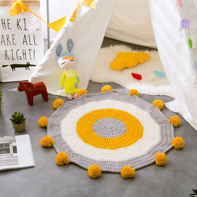 【白色莫奈】INS北歐風格手編球球地墊飄窗墊針織兒童毛線毯子