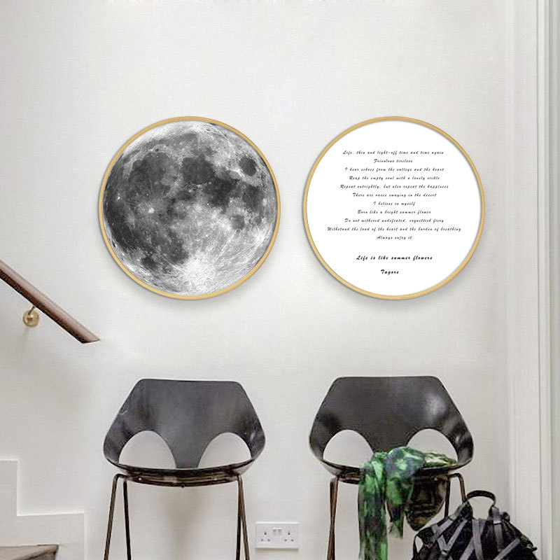 圓形裝飾畫 現代簡約實木掛畫北歐ins客廳玄關沙發背景墻畫月球