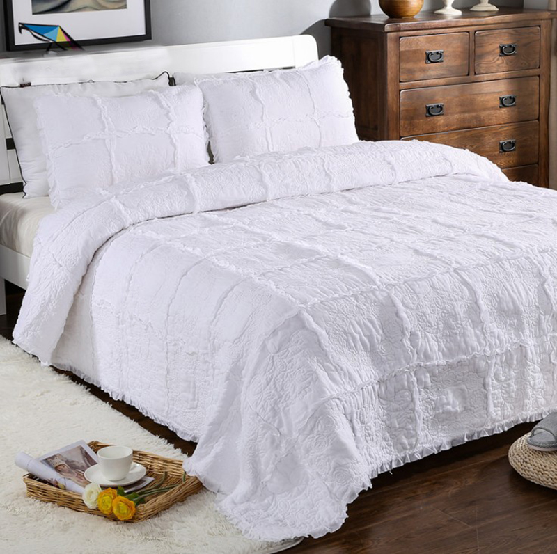 秋季新品純棉白色玫瑰花環手工被繡花被三件套 素色床蓋套件