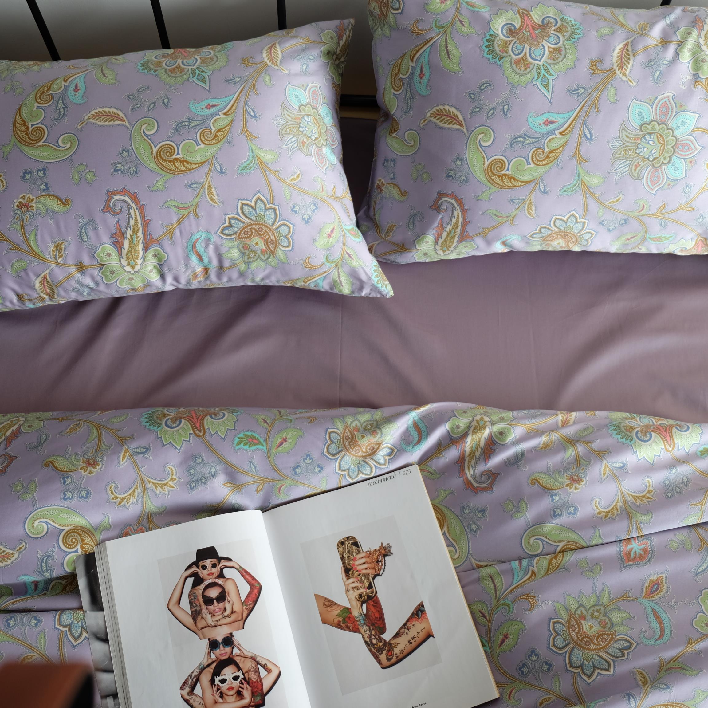 [白色莫奈]出口歐美長絨棉家居床上用品美式紫色貢緞四件套