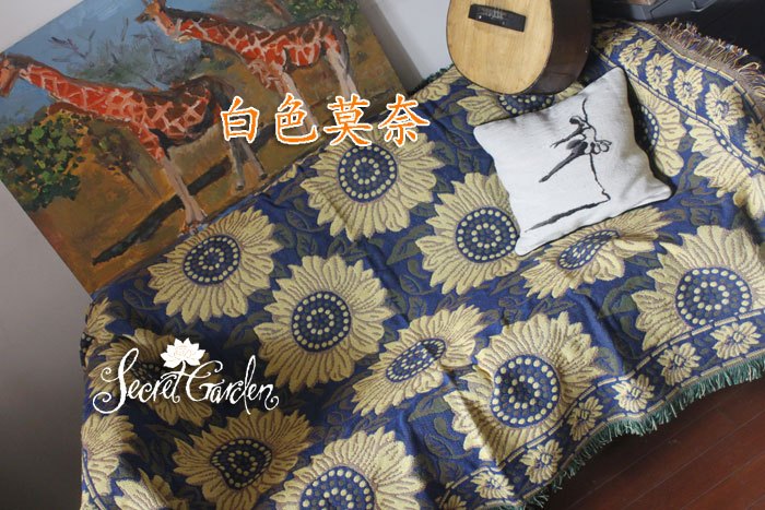 [白色莫奈]特惠*油畫風格三層色織線毯/床蓋之藍色向日葵/