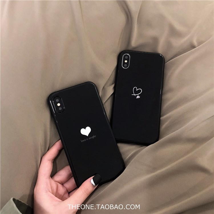 簡約黑色玻璃愛心蘋果X手機殼iphone7plus/8/6S情侶全包軟殼女款