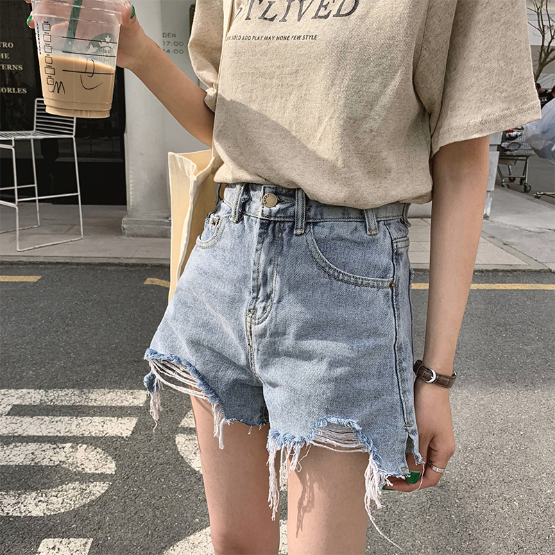 A7seven短褲女2019夏裝新款韓版高腰顯瘦割破毛邊黑色闊腿牛仔褲