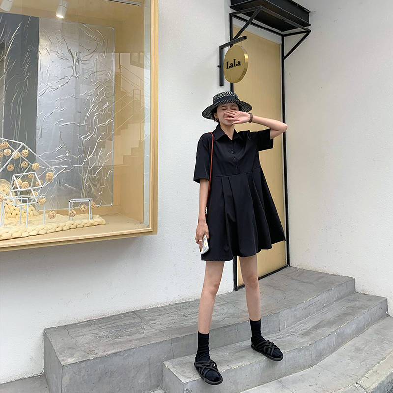 A7seven連衣裙女夏季新款中長款韓版短袖黑色氣質顯瘦心機時尚裙